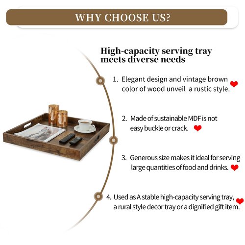Hanobe Ottoman Tray for Living Room: Wood Serving Tray for Coffee Table - 20" Square Rustic Farmhouse Platter with Handles - Extra Oversized Decorative Topper for Kitchen Brown