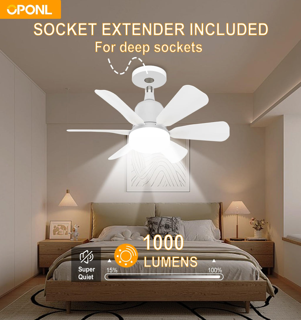 OPONL Socket Fan Light with Remote, 3-Speed Dimmable LED White Socket Ceiling Fan, 6 Colors 3000K-6000K, 1000 Lumens light bulb ceiling fan for Bedroom, Kitchen, Closet