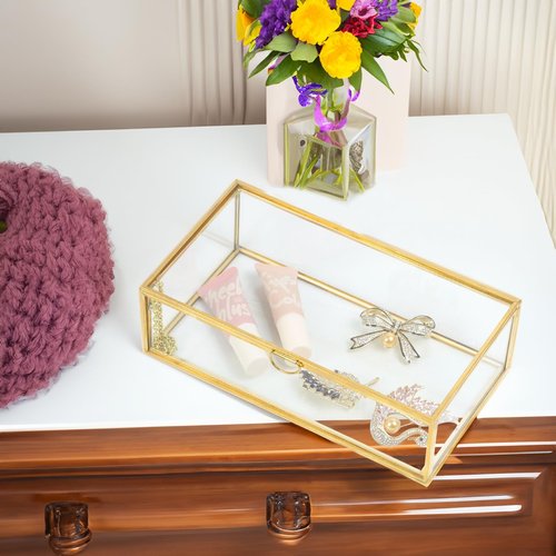 ZEXALOR Clear Glass Decorative Box for Organizing Photos, Jewelry, Small Items - Golden Dresser Drawer Organizer, Transparant Small Storage Bin Container with Lid (Upgrade, 8x4,3x2,3")