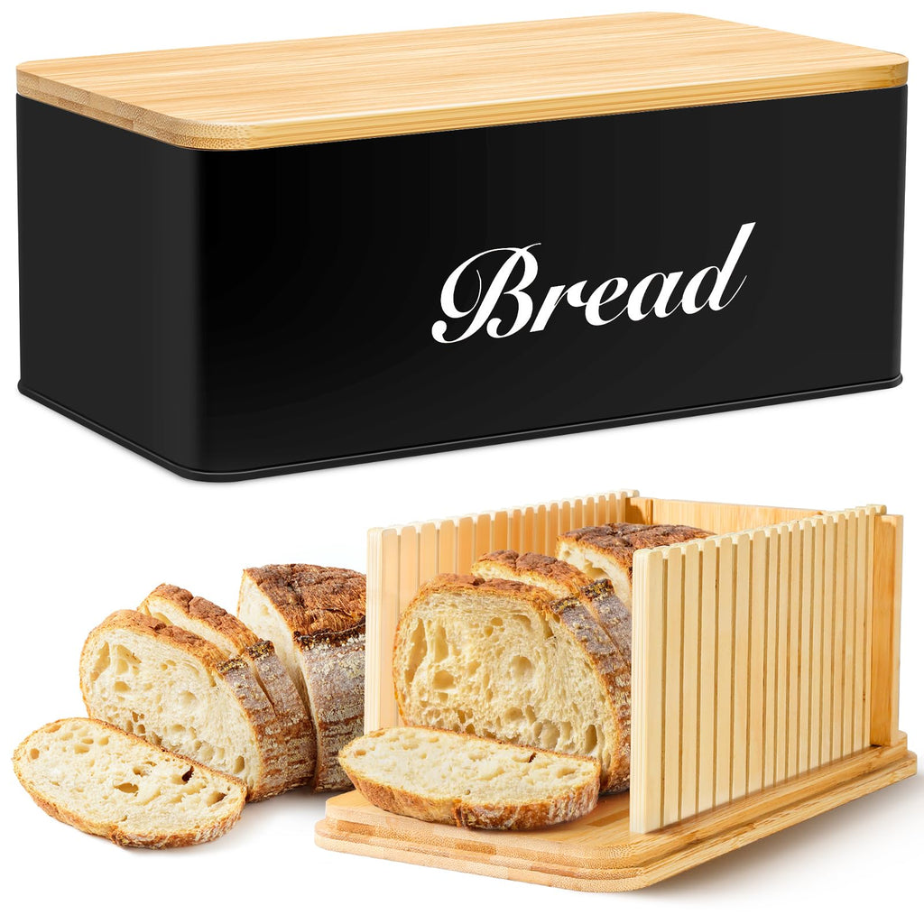 RYTOXILO Bread Slicer with Bread Box, Black Bread Storage Container for Kitchen Countertop with Multifunction Bamboo Lid, 3 in 1 Breadbox for Loaf Slicing & Tray, Bread Holder for Kitchen