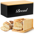RYTOXILO Bread Slicer with Bread Box, Black Bread Storage Container for Kitchen Countertop with Multifunction Bamboo Lid, 3 in 1 Breadbox for Loaf Slicing & Tray, Bread Holder for Kitchen