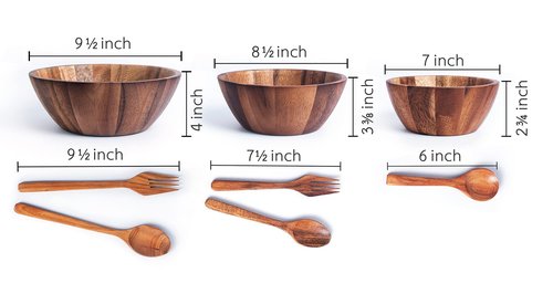 BestySuperStore Nesting Round Wood Bowls Mix Size 9½”, 8½”, 7” Stackable Acacia Wooden Bowl Set with Spoons and Forks for salad dip sauce snack rice pasta soup fruit cereal Tableware Nested Dish Sets