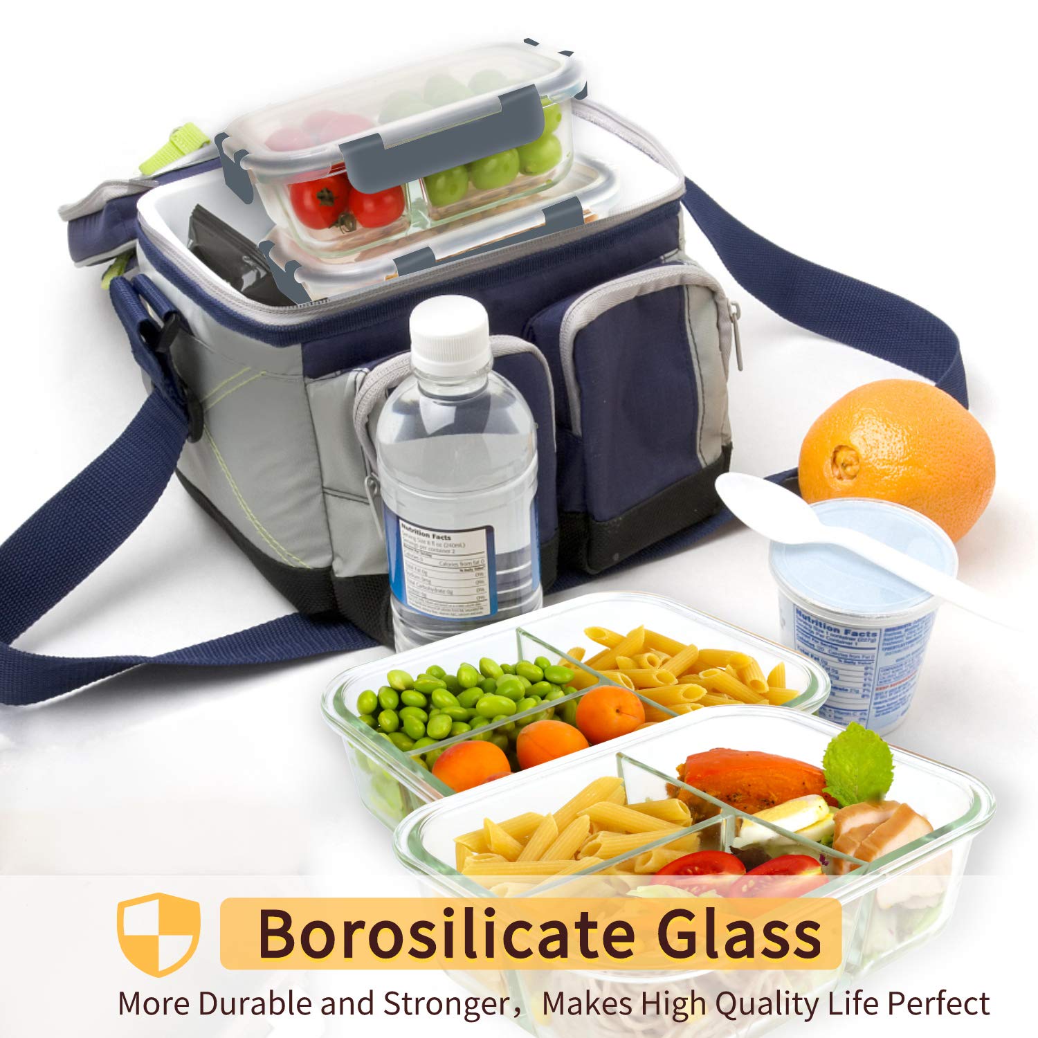 Bayco 8 Pack Glass Meal Prep Containers 3 Compartment, Glass Food Storage Containers with Lids, Airtight Lunch Bento Boxes, Leak Proof (8 lids & 8 Container) - Grey