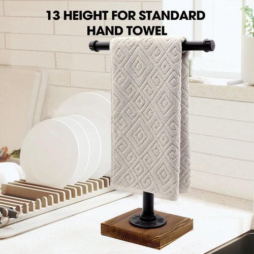 YESSAP Hand Towel Holder, T-Shape Height 13'' Black Hand Towel Holder Stand, Free Standing Hand Towel Holder for Bathroom Countertop, Rustic Brown, TH006