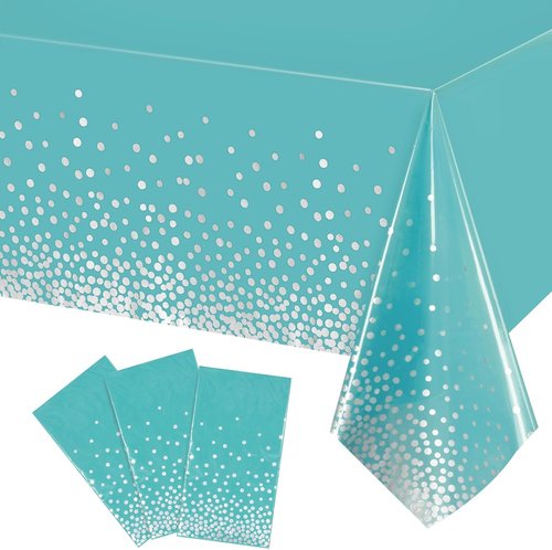 Breling Disposable Tablecloth Set - Teal Blue & Silver Dot Design | 54 x 108 Inch for Parties & Events