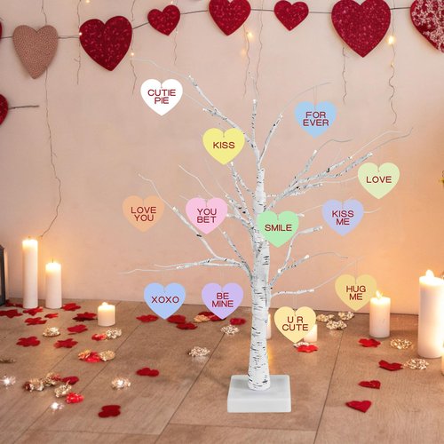 Arosche Valentines Day Tree Ornaments 24Pcs Candy Hearts XOXO Love Wooden Tree Ornaments Happy Valentine's Day Cute Hanging Decorations for Indoor Home Wedding Mantle Fireplace Party Supplies