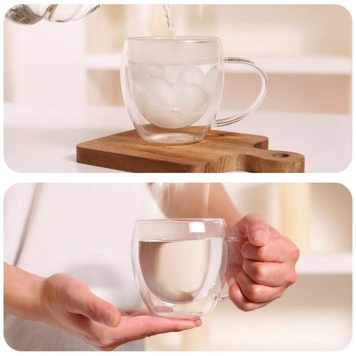 CNGLASS 12oz(4-pack) Double Walled Glass Coffee Mugs,Insulated Glass Mugs with Handle,Clear Espresso Cups for Latte,Cappuccino,Tea Bag