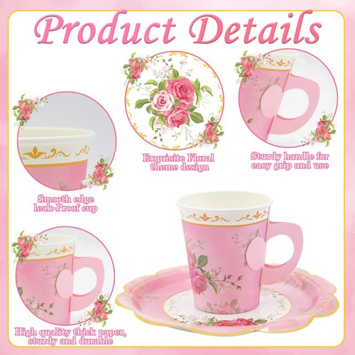 EggSun 200Pcs Floral Tea Cups and Saucers for Tea Party Supplies, Disposable Tea Cups with Handle and Paper Napkins Dinnerware for Floral Theme Birthday Wedding Bridal Shower Baby Shower（Pink）
