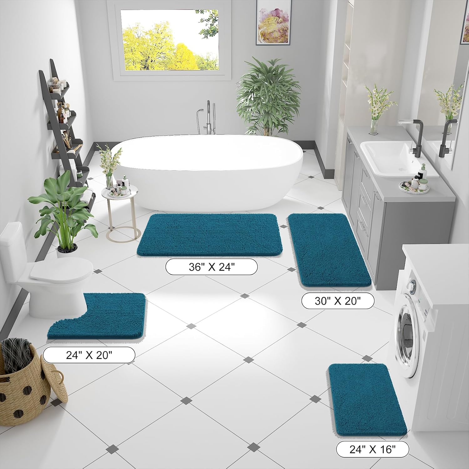 OLANLY Bathroom Rugs - Extra Soft Chenille Bath Mats with Rubber Backing | 59x20, Quick Dry, Peacock Blue