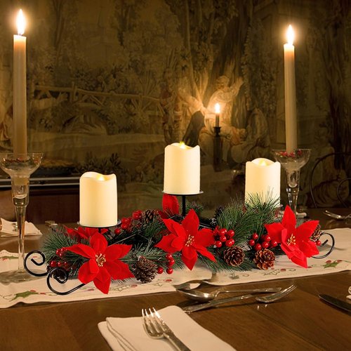 MorTime Christmas Centerpiece - 3 Candle Holders with Red Flowers, Berries & Pinecones | Indoor Holiday Decor