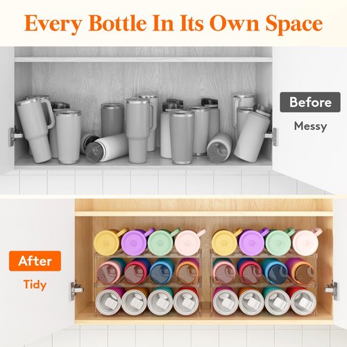 Lifewit Stackable Bottle Storage Organizer, Clear Freestanding Wine Holder for Cabinet, Large Slot Water Bottle Tumbler Cup Organizer for Pantry, Plastic Wine Rack for Fridge Cellar, 3Tier Hold 12