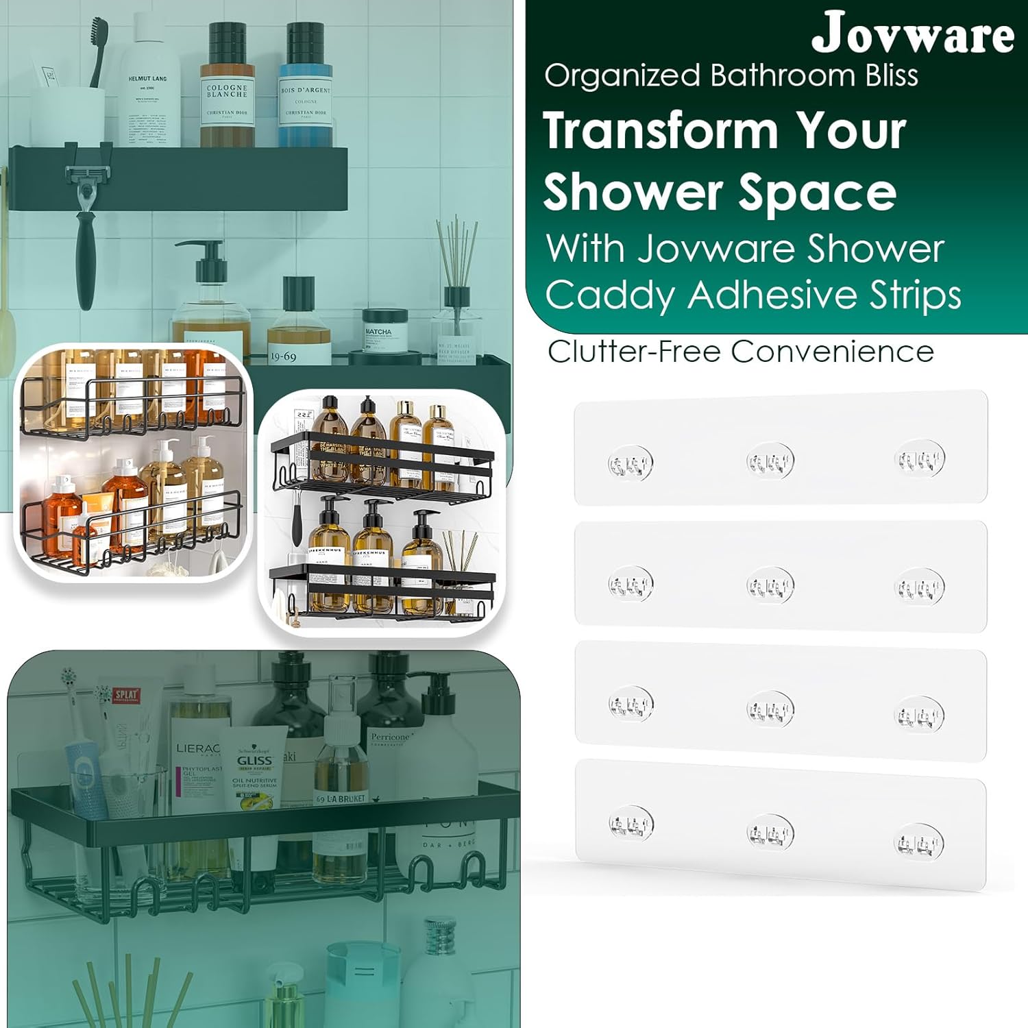 Skiennix Shower Caddy Adhesive Replacement Stickers - 4 Pack Sticky Pads with 3 Hooks for Easy Installation