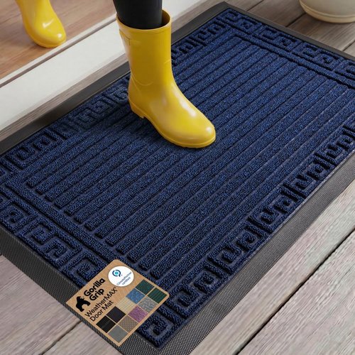 GORILLA GRIP Waterproof All-Season WeatherMAX Doormat - Stain & Fade Resistant, 29x17, Navy Greek Keys