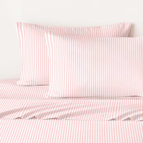 Wake In Cloud - Striped Bed Sheets, 4-Piece Sheet Set, Ticking Vertical Pin Stripe Modern Farmhouse Pattern Printed Bedding, Deep Pocket, Pink White, Full Size