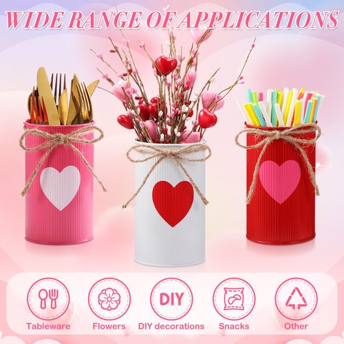 Domensi 6 Pcs Valentine's Day Vases Decor Valentines Table Centerpiece Red Pink Heart Galvanized Metal Vases for Flowers Utensil Holder Jar for Kitchen Home Wedding Galentine's Day Party Decorations