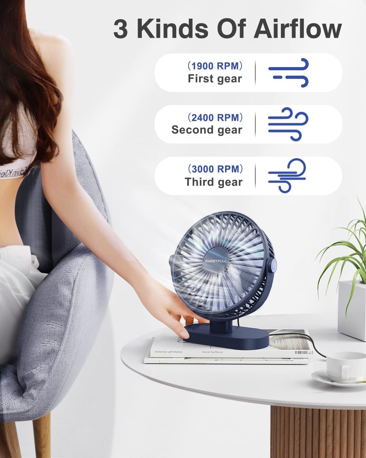 Sweetfull Small USB Desk Fan - Portable 3-Speed Mini Fan with 360° Adjustment | Quiet Operation in Blue