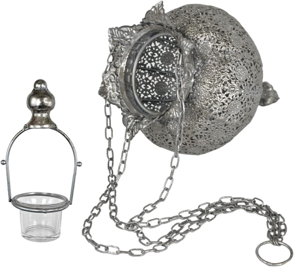Westcharm Antique Silver Moroccan Lantern - Elegant Metal Hanging Pendant Light for Indoor/Outdoor Use - Small