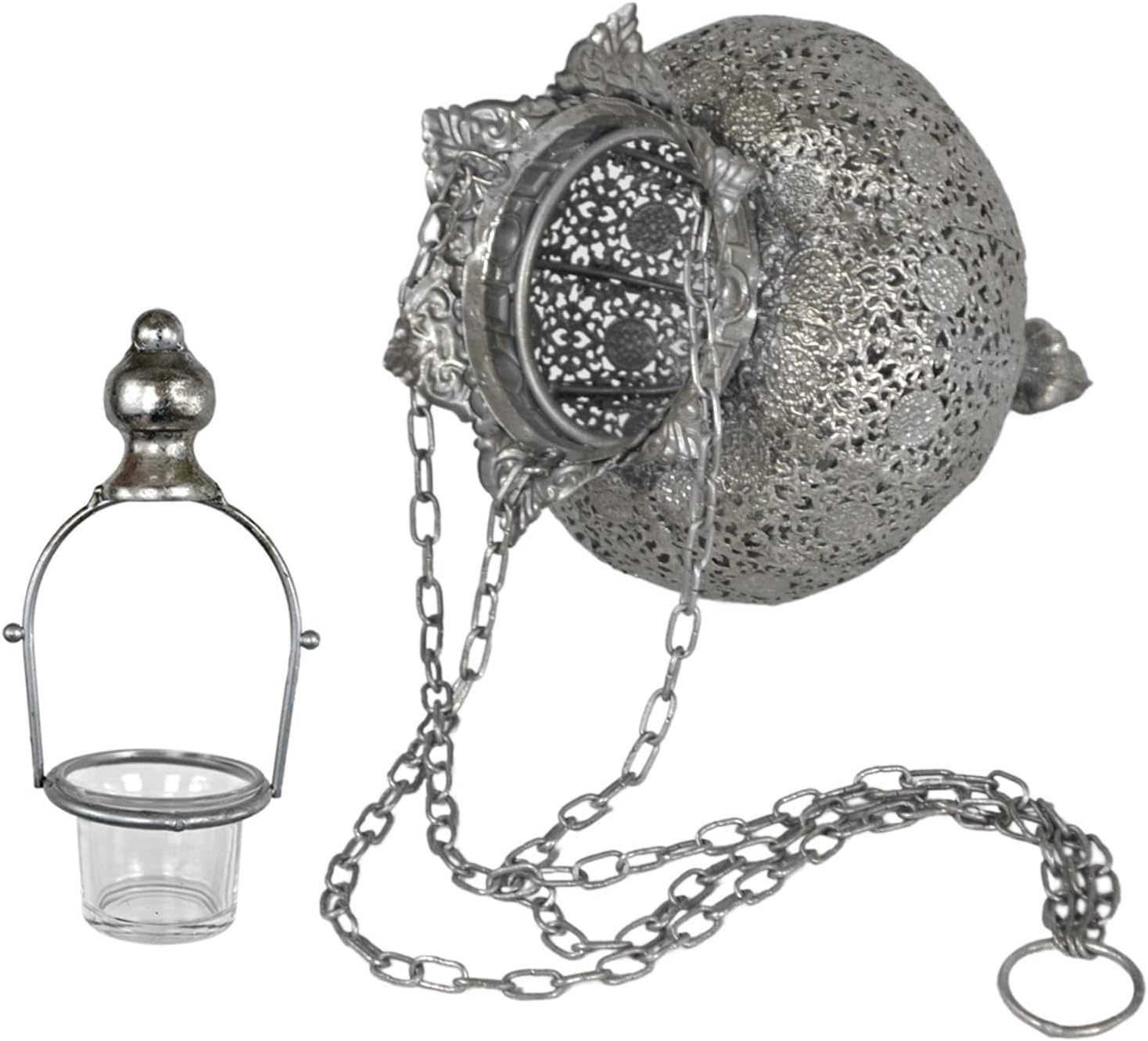 Westcharm Antique Silver Moroccan Lantern - Elegant Metal Hanging Pendant Light for Indoor/Outdoor Use - Small