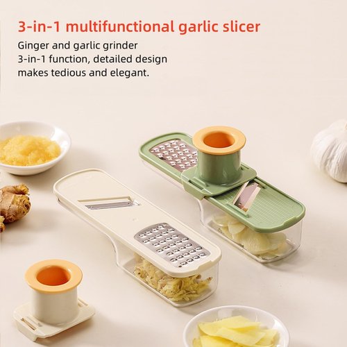 1PCS 3-in-1 Multifunctional Garlic Grinder– Stainless Steel Slicer/Shredder/Grinder with Hand Guard, Transparent Container & Blade Storage,Safe Food Slicer, Easy to Use & Clean