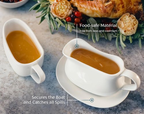 Kook Gravy Boat - 17 oz Ceramic Serving Dish with Tray | Microwave & Dishwasher Safe, White