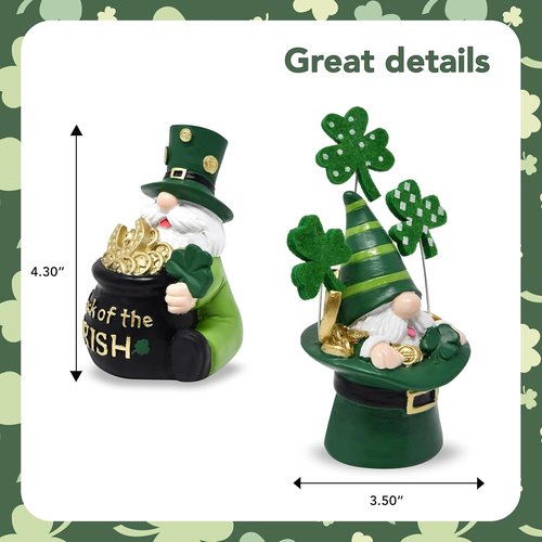 Gift Boutique St. Patrick’s Day Leprechaun Gnome Figurines - Set of 2 Irish Lucky Decor with Gold Pot & Shamrocks