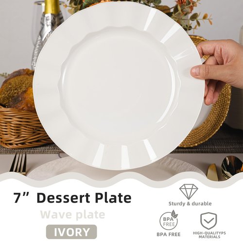NZVCN 72 Pack Ivory Plastic Plates, 7" Disposable Wave Edge Salad/Dessert Plates Elegant Heavy Duty Plate for Party, Wedding, Thanksgiving, Christmas