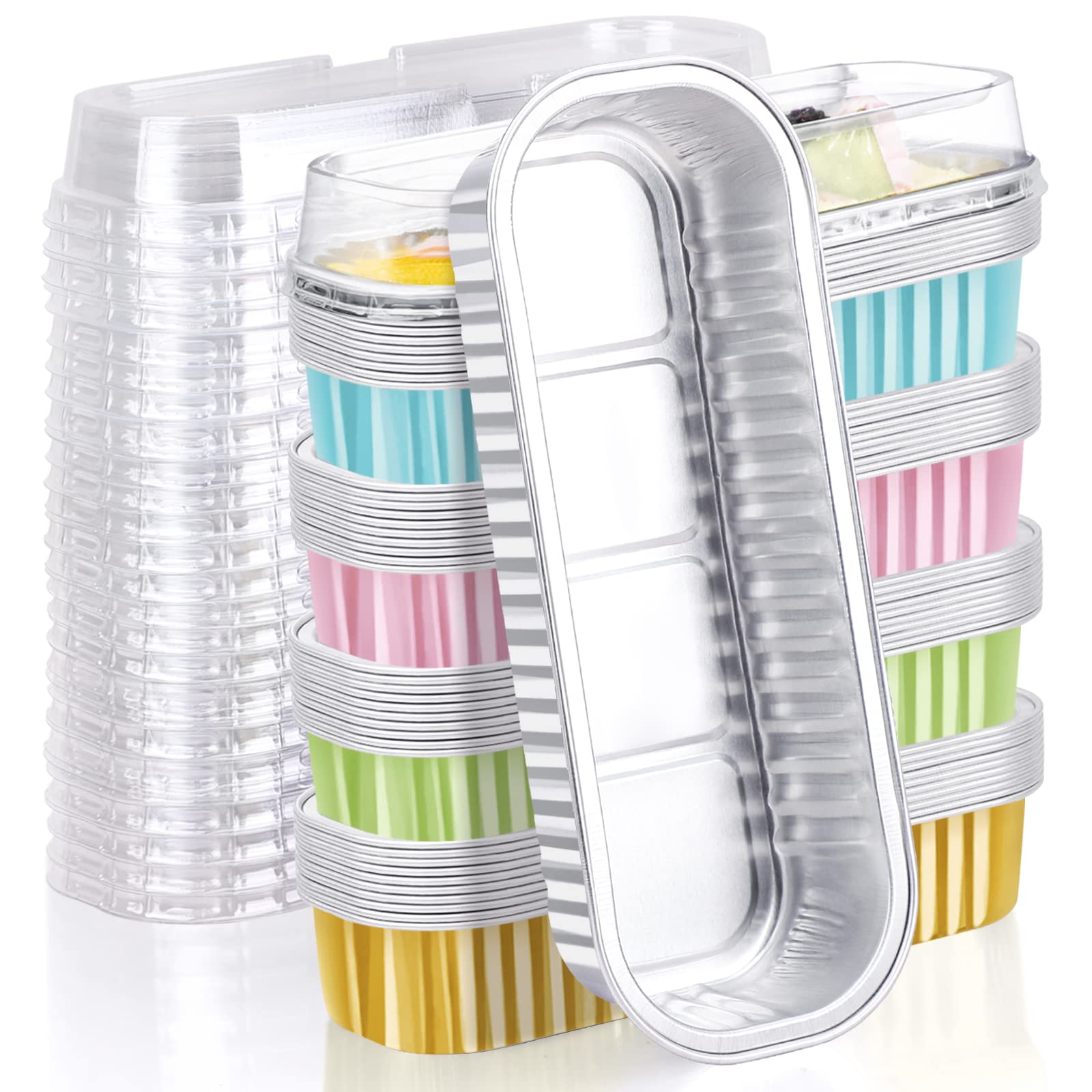 EUSOAR Aluminum Foil Cupcake Liners, 50pcs 5 Mixed Colors 6.8oz 6.5"x2.5"x1.2" Disposable Foil Ramekins Pan Tin with Lids，Cupcake Baking Cups Containers, Creme Brulee Ramekins Pan
