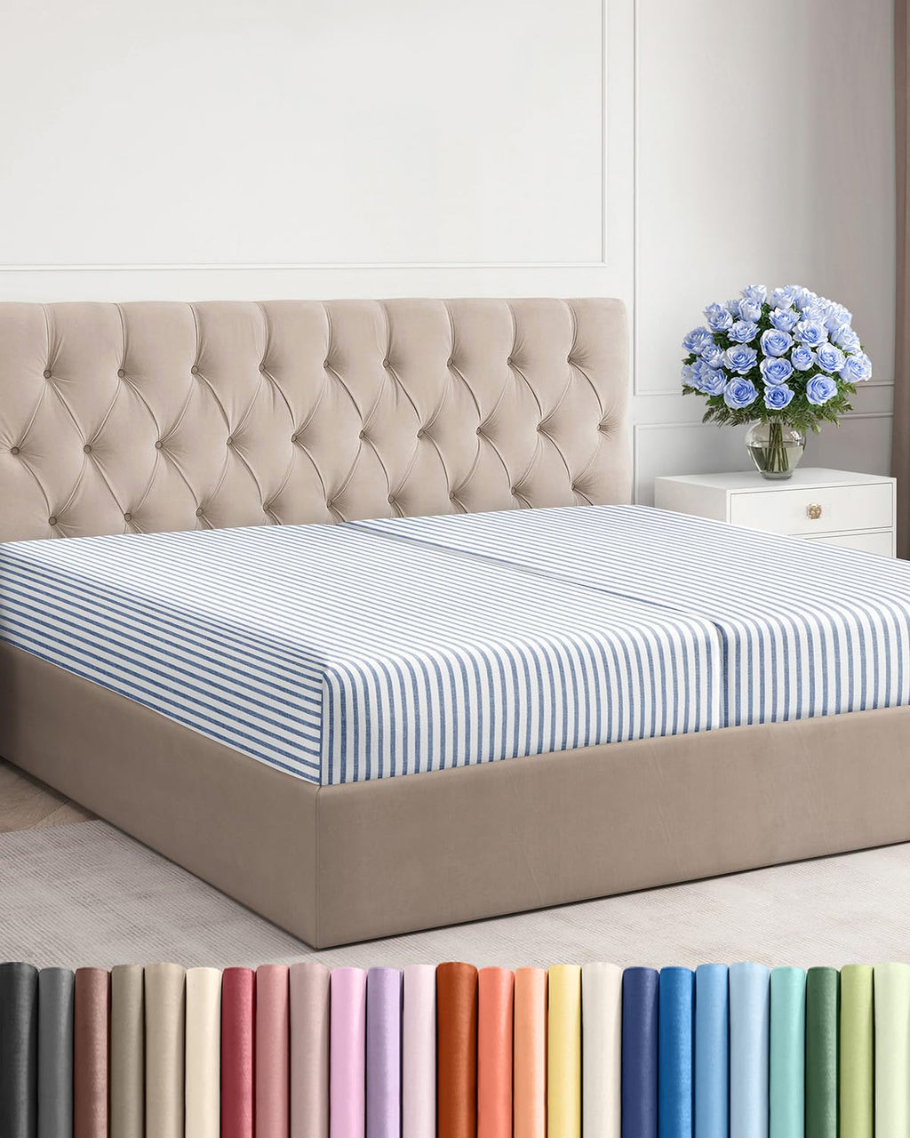 Split King Fitted Bed Sheet - Bottom Single Fitted Sheet Only - Soft Hotel Luxury Bedding w/ 8-16 Inch Deep Pockets - Breathable & Wrinkle Free - Easy-Care, Fade & Shrink Resistant - Blue Stripes 2