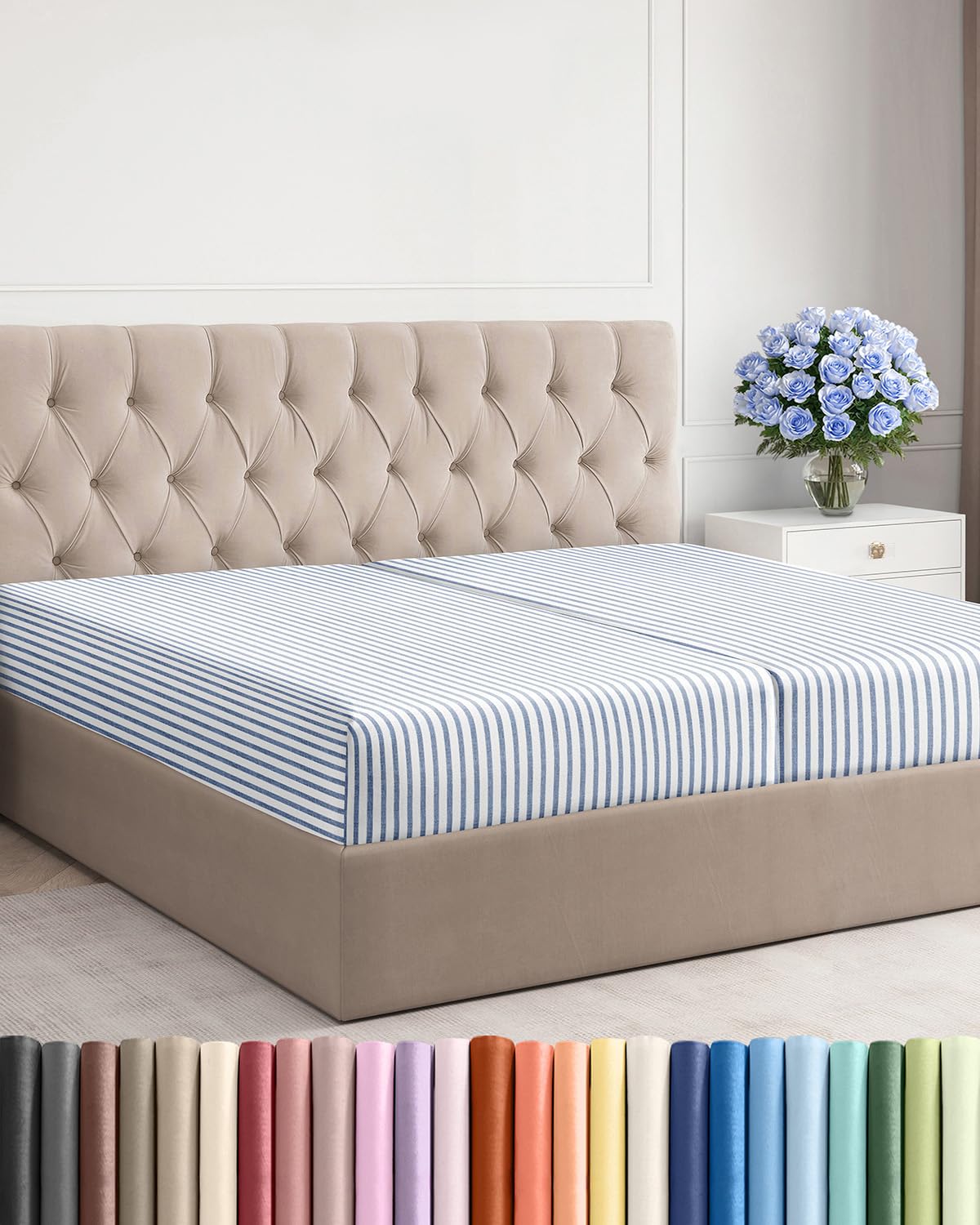 Split King Fitted Bed Sheet - Bottom Single Fitted Sheet Only - Soft Hotel Luxury Bedding w/ 8-16 Inch Deep Pockets - Breathable & Wrinkle Free - Easy-Care, Fade & Shrink Resistant - Blue Stripes 2