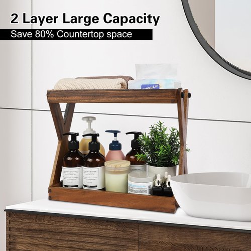 ZOVANO Wood Countertop Shelf Organizer, 2 Tier Wooden Shelf for Coffee Bar Accessories, Kitchen Spice Rack Organizer, Condiment Storage Caddy for Home, Office, Bathroom counter