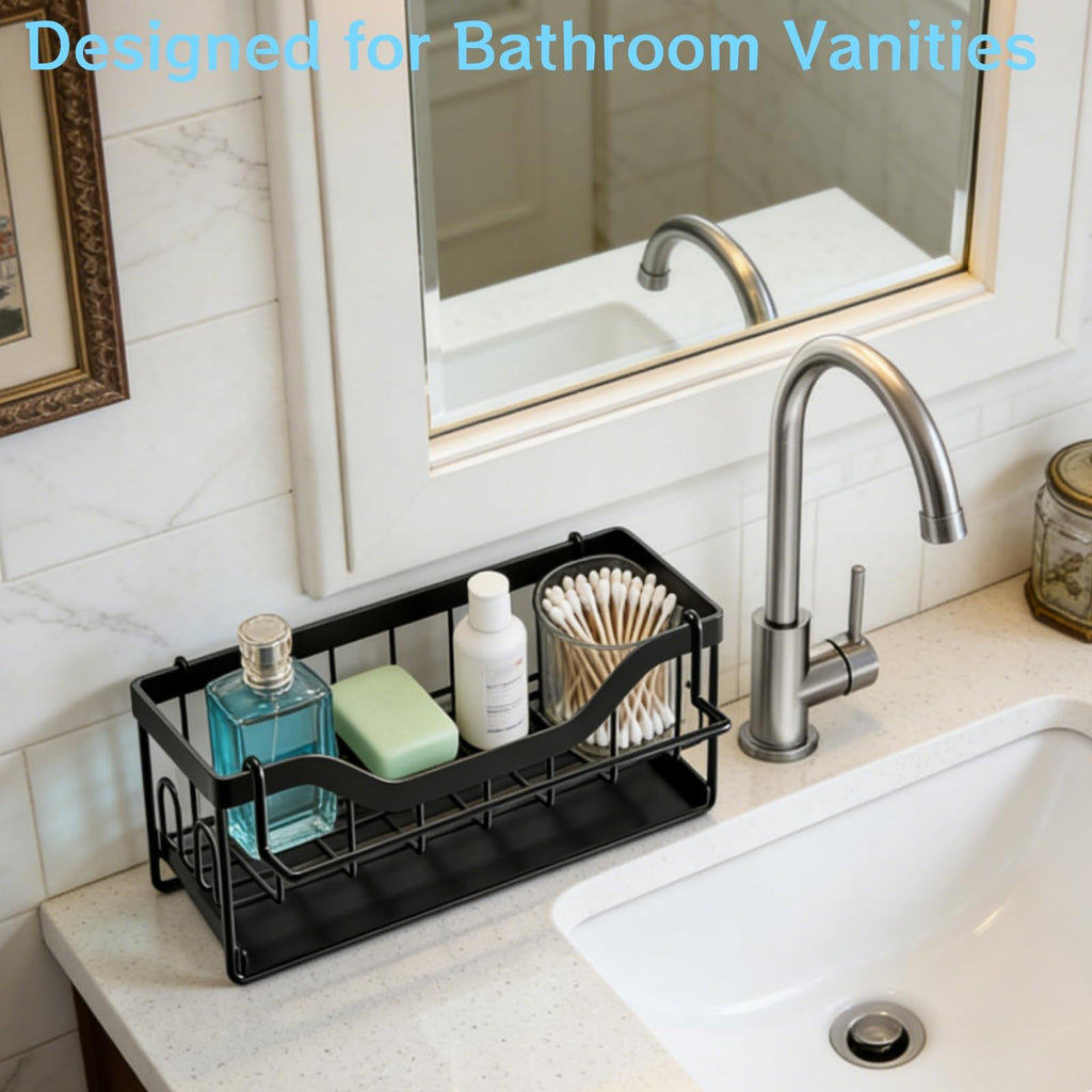 SWILLE Sponge Holder for Kitchen Sink - Sink Caddy Organizer with Auto Drain Tray, Detachable Towel Rack, Stainless Steel Kitchen Counter Organizer Rack, Black