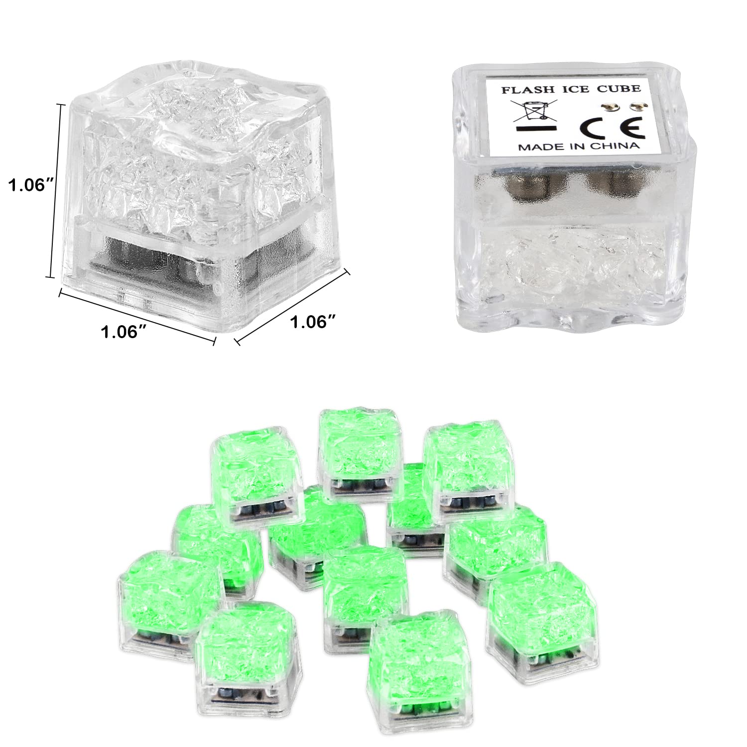 Light Up Ice Cubes for Drinks, 96 PCS Green LED Ice Cubes Liquid Activated, Glow in The Dark Waterproof Ice Cubes for Home Bar Supplies Summer Party Wedding Decor