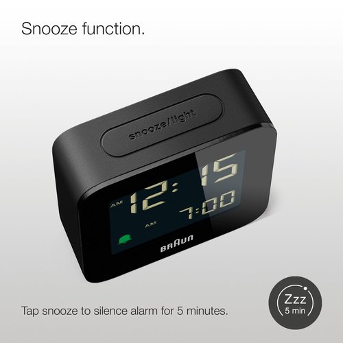 Braun Digital Travel Alarm Clock with Snooze, Compact Size, Negative LCD Display, Quick Set, Crescendo Beep Alarm in Black, Model BC08B (1-Pack)