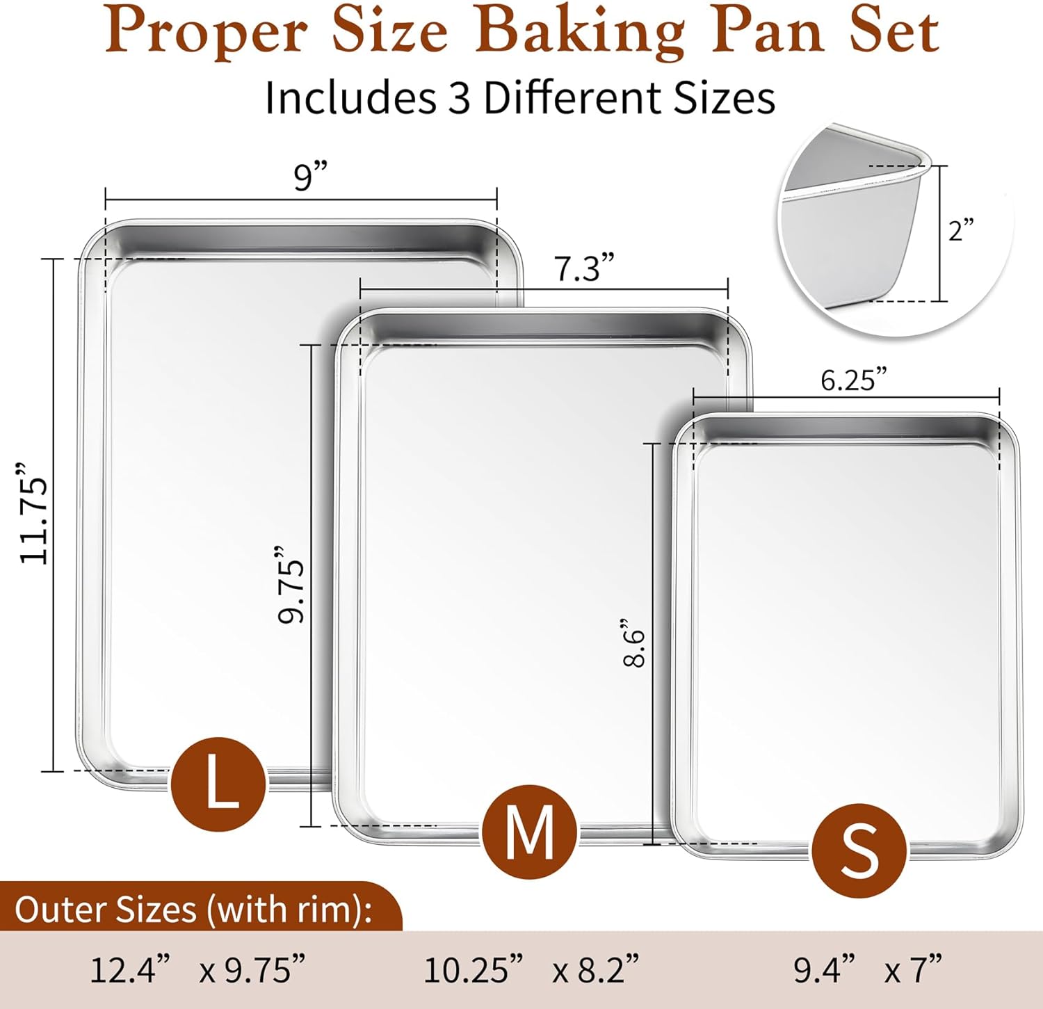 TeamFar Baking Pans Set - Stainless Steel Deep Cookie & Cake Pans | 12.5", 10.5", 9.4" Rectangle Bakeware for Healthy Home Baking