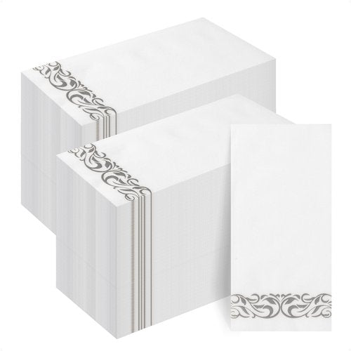 Goodluck 200-Pack Linen-Feel Disposable Guest Towels – Soft and Absorbent Paper Hand Towels for Bathroom or Kitchen – Elegant White Napkins with Silver Design for Parties, Weddings, Dinners Events