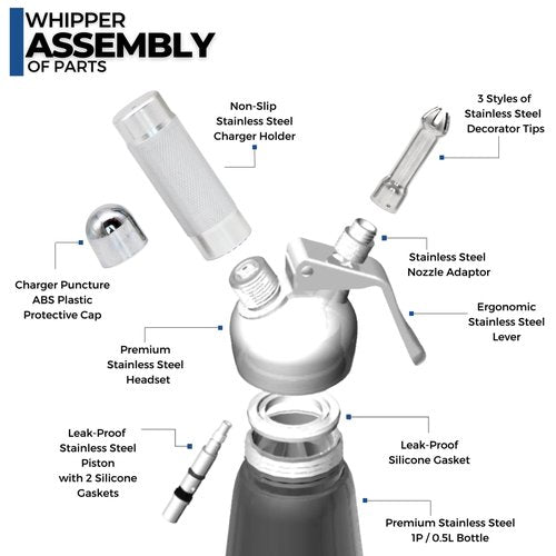 ICO 0.5 L (1 Pint) Professional Stainless Steel Whipped Cream Dispenser for Homemade Whipping Cream, Whipped Cream Dispenser for Desserts, Dips, Sauces, and Infused Oils & Liquors