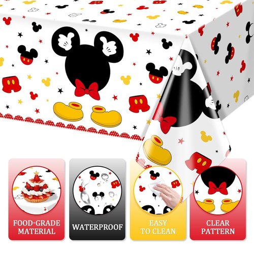 Tewess 3pcs Mouse Birthday Tablecloth Red Mouse Head Cartoon Plastic Table Cover Disposable Table Party Decoration for Boys