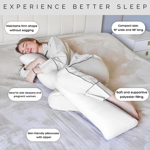 Body Pillow for Side Sleeper, 9x48 Inches Full Body Pillow with Cover, Made with Soft Material and Filled with Polyester for Adults, Adjustable Inner Core, (Pillow with White Cover)