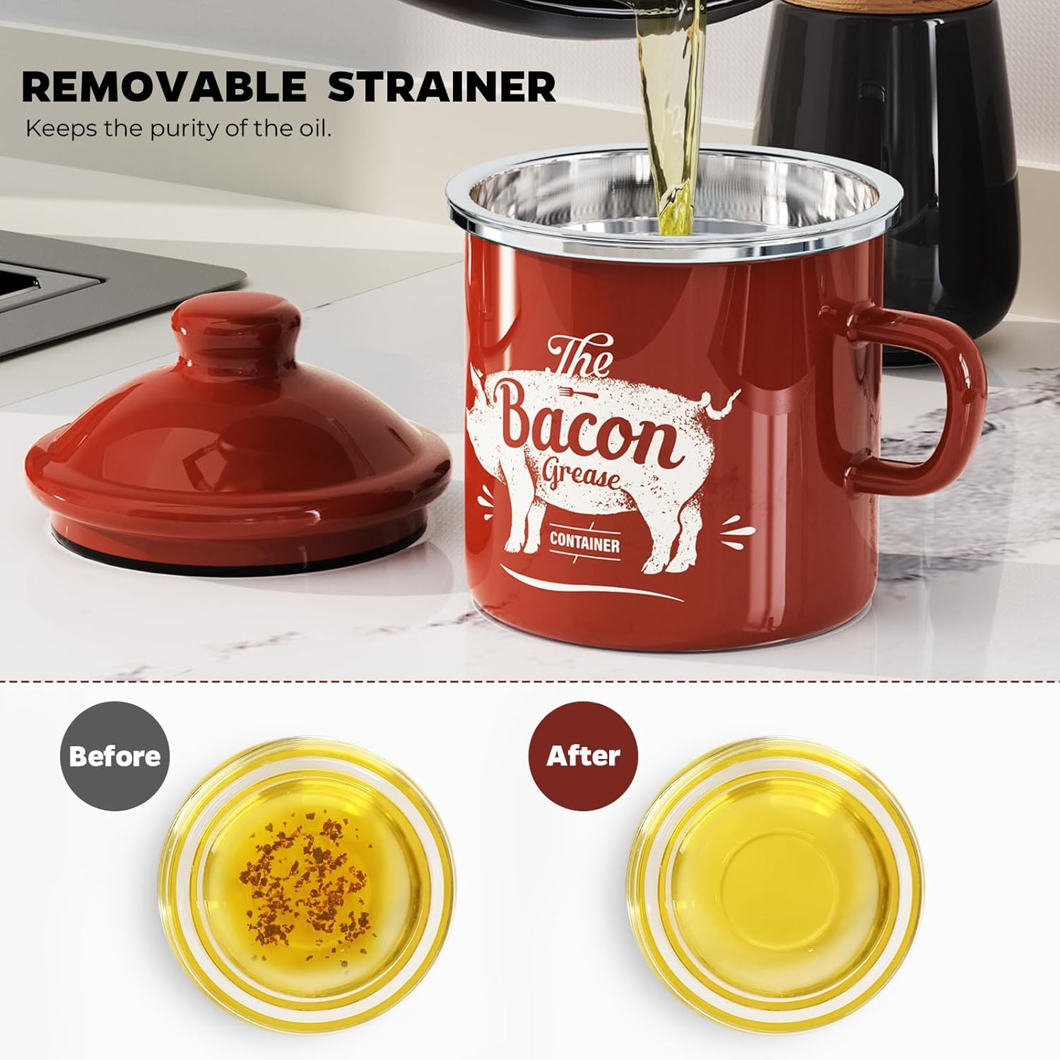 PGYARD Mini Bacon Grease Container - 15oz Enamel Strainer for Kitchen Fat Storage | Dishwasher Safe - Red
