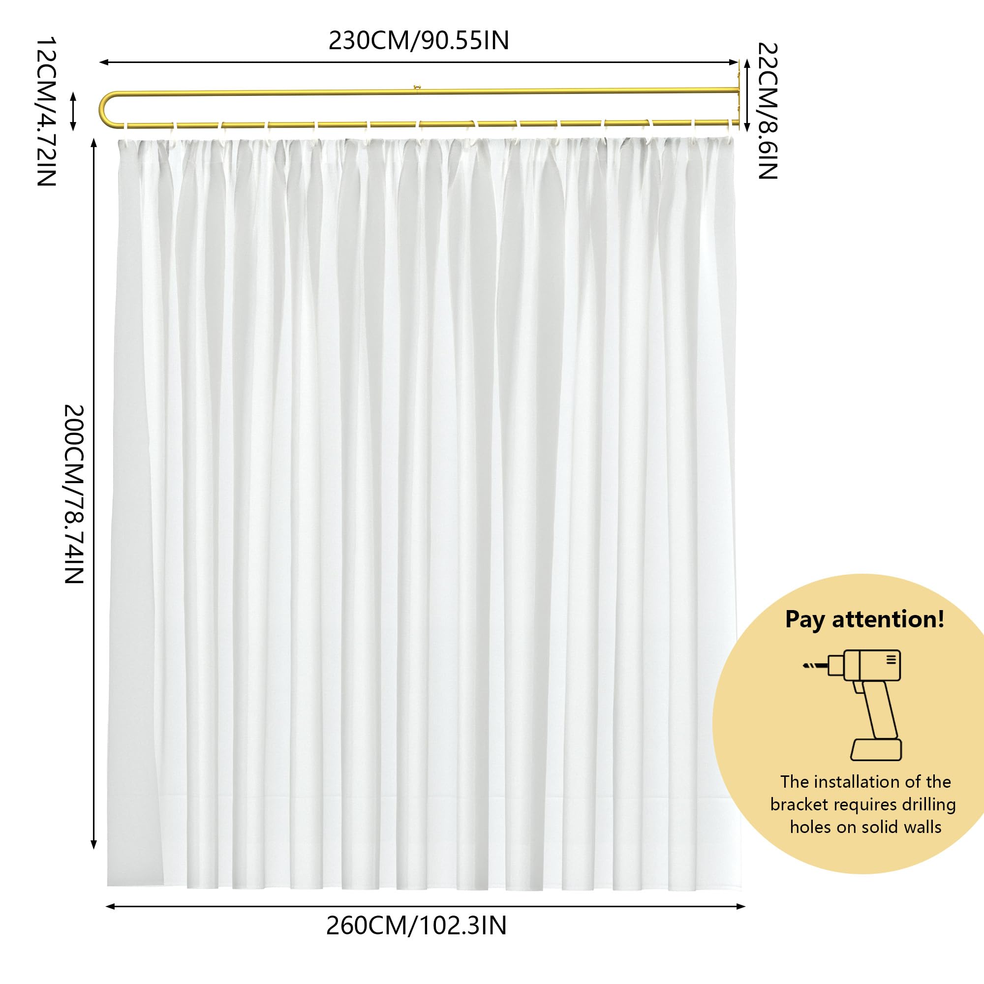 Gtouse Privacy Curtains for Room Divider, Metal Support Wall Mounted Privacy Curtain, U-Shape Portable Room Divider Curtains for Fitting Room Beauty Salon Bedroom and Hospital,1 Panel, 8.53ft (White)