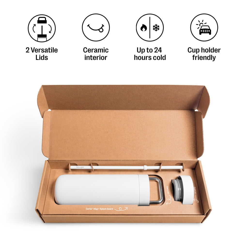 Fellow 20 oz Carter Water Bottle with 2 Lids - Leak-Proof Lid with Metal Handle - Cold Lid with Straw - Ceramic Interior & Vacuum-Insulated Stainless Steel - Matte White