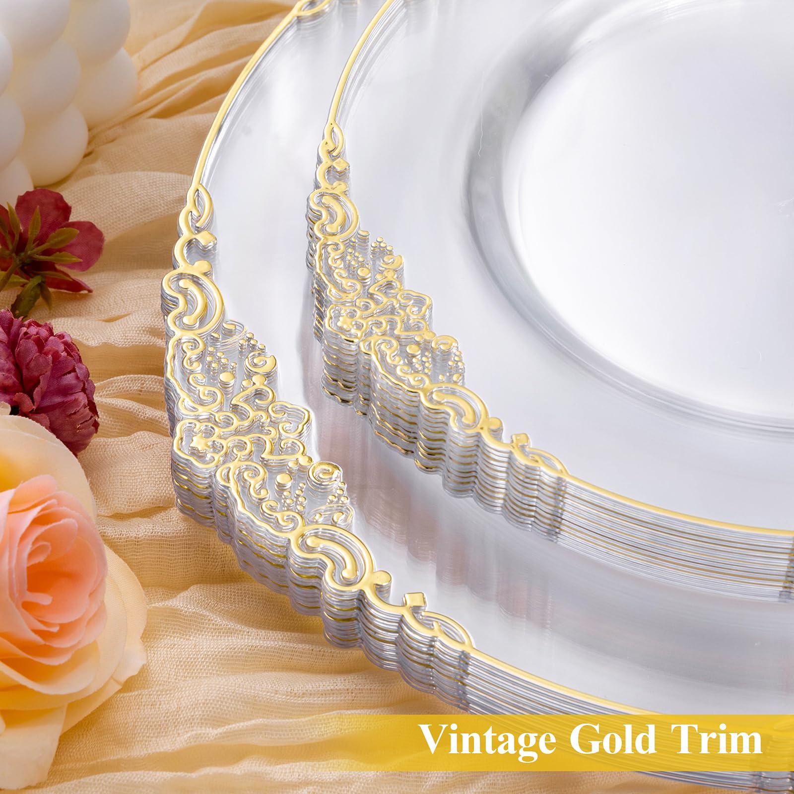Bestluck 100 PCS Clear and Gold Plastic Plates for 50 Guests, Clear Disposable Plates Include 50 PCS Dinner Plates, 50 PCS Dessert Plates for Party, Wedding