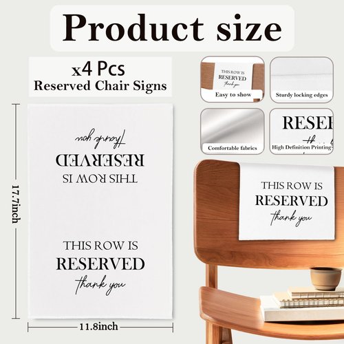 ChissNook Reserved Seating Chair Signs, This Row Is Reserved Pew Cloths Seating Placeholder for Church Pews, Wedding Decorations for Reception Parties Celebrations Event Meetings (White, 4 PCS)