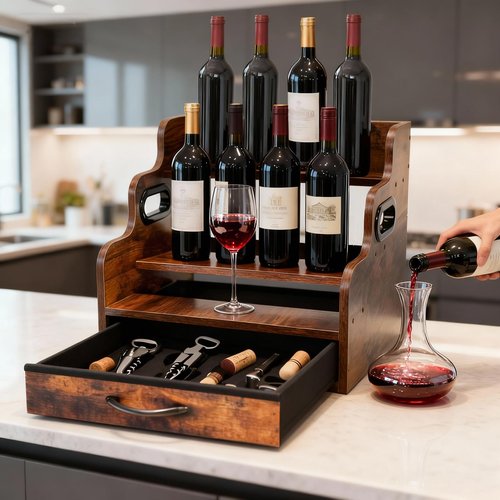 BoyTwimb Liquor Bottle Display Shelf 3 Floors with Drawers Countertop Wine Rack can Accommodate 12 Bottles and 36 K Cups, Minibar Coffee Syrup Storage Box, Whiskey