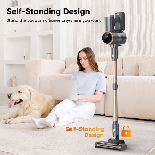 BonePone N12S Cordless Vacuum Cleaner, 30KPa Powerful Vacuum with 60 Mins Runtime, Self-Standing, LED Display, Rechargeable Lightweight Handheld Vacuum Cleaners for Home (Gold)
