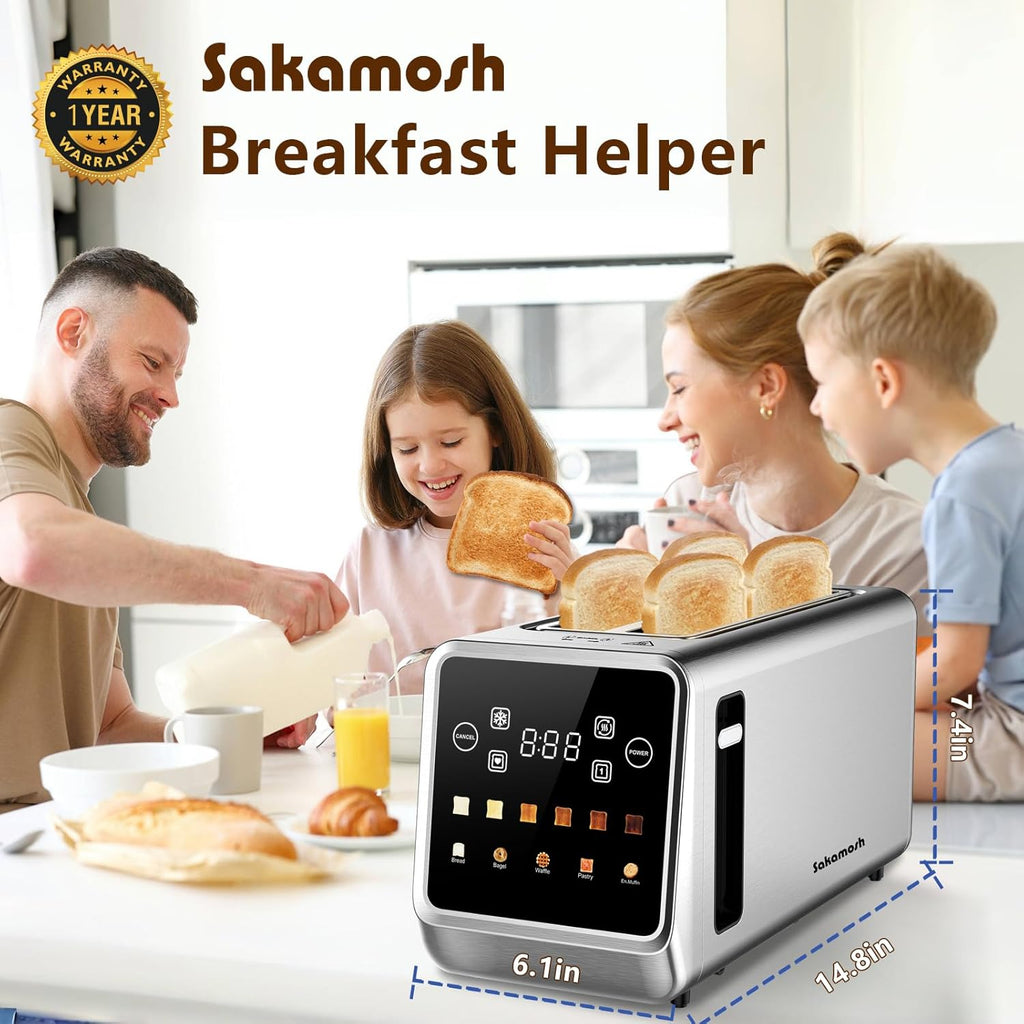 SAKAMOSH 4-Slice Smart Toaster - Touch Screen, 6 Browning Levels, Extra Wide Slots, Stainless Steel