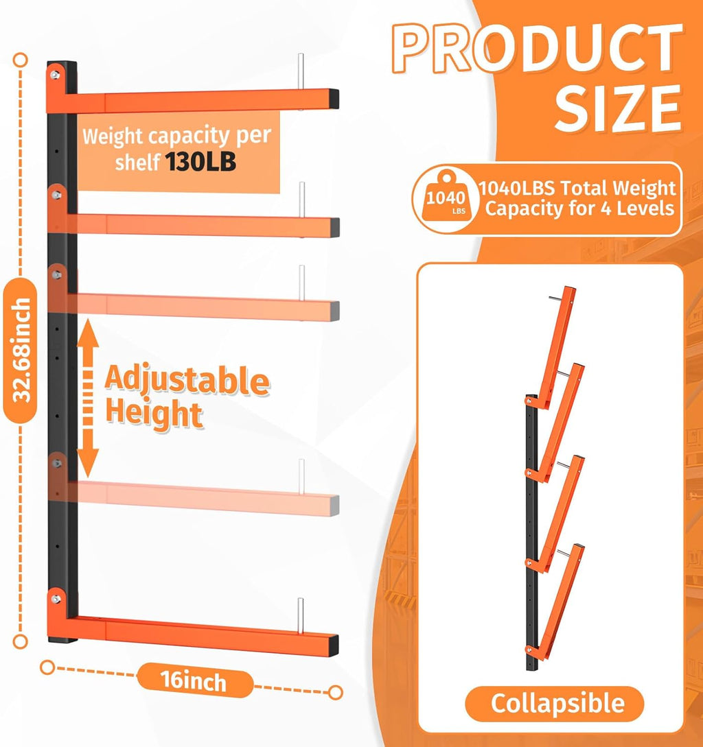 4 Pack Lumber Storage Rack - Heavy Duty Wall Mount Adjustable Wood Rack | Holds Up to 1040 Lbs
