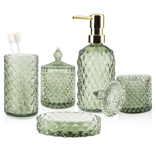 5Pcs Glass Bathroom Accessories Set,Green Vintage Bathroom Accessory Set, Bathroom Counter Sink Toothbrush Holder Set Includes 13.5oz Hand/Lotion Soap Dispenser & Tumbler & Soap Dish & Qtip Holders