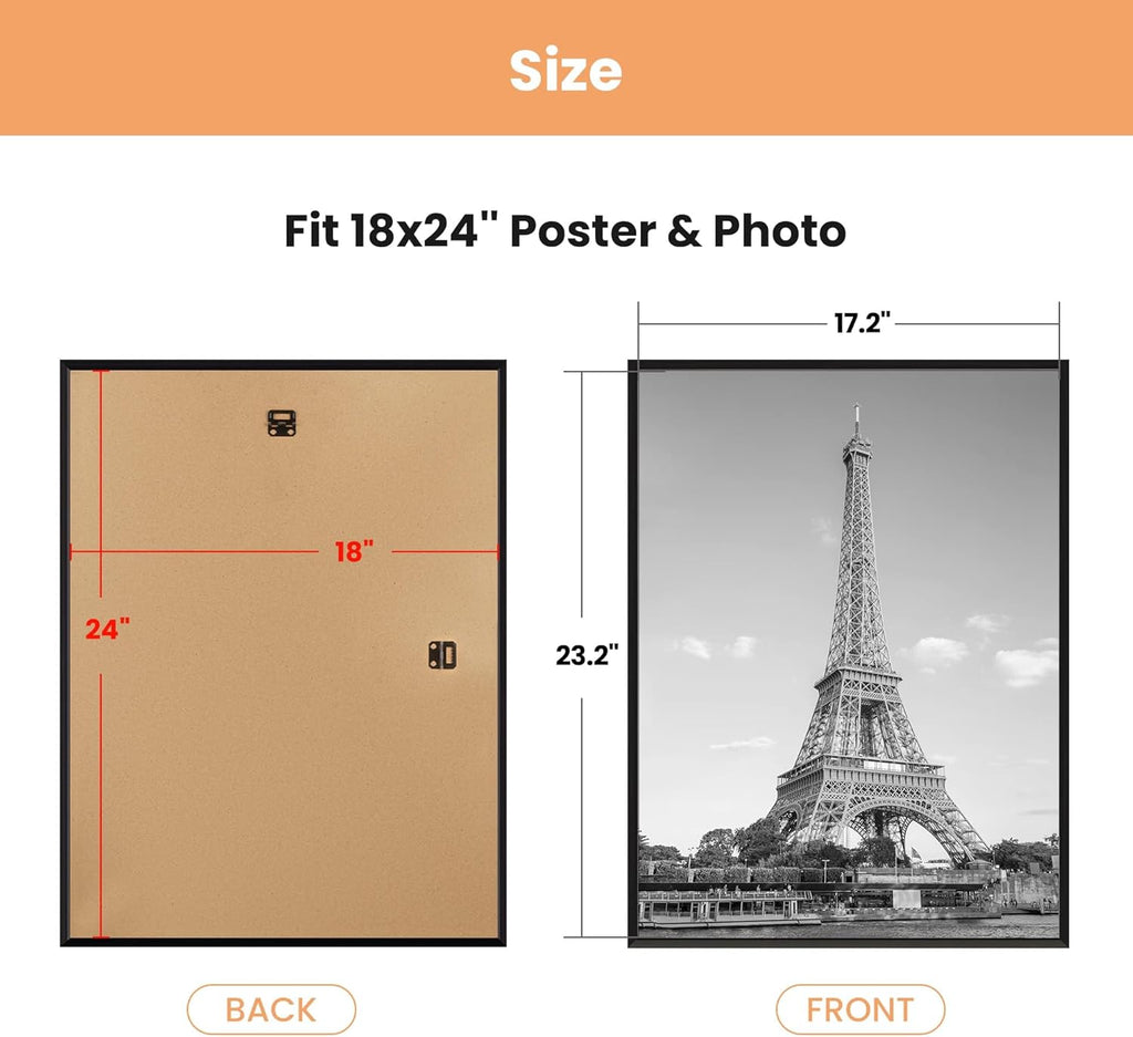 Upsimples 18x24 Picture Frame - Scratch-Proof Black Poster Frames, 3 Pack for Horizontal/Vertical Display