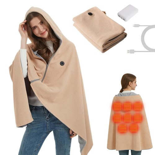 Heated Shawl Wraps for Women Portable USB Heated Blanket Shawl with Hoodie Wearable Electric Blanket Fast Heating in 15 Seconds 8 Heating Zones 3 Heating Levels Rechargeable for Outdoor C(1PCS)